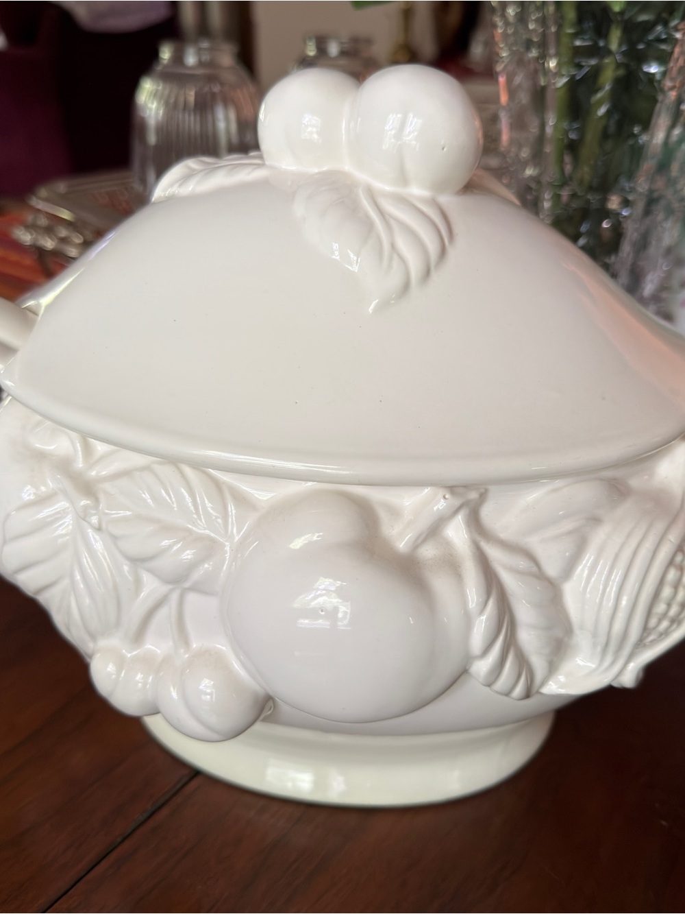 White Ceramic Covered Serving Bowl with Fruit Relief